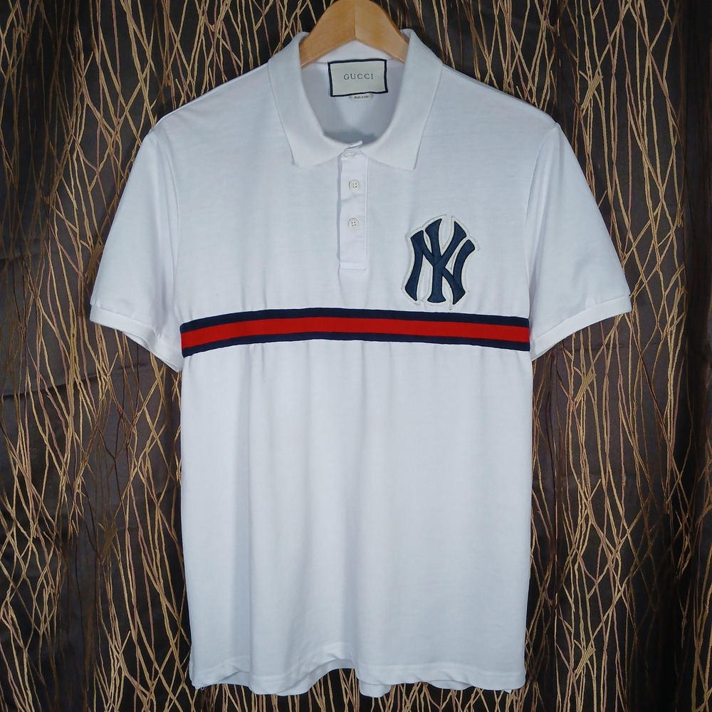 Gucci Polo Shirt Mens XL White NY Yankees Web Stripe Logo Applique 543694
